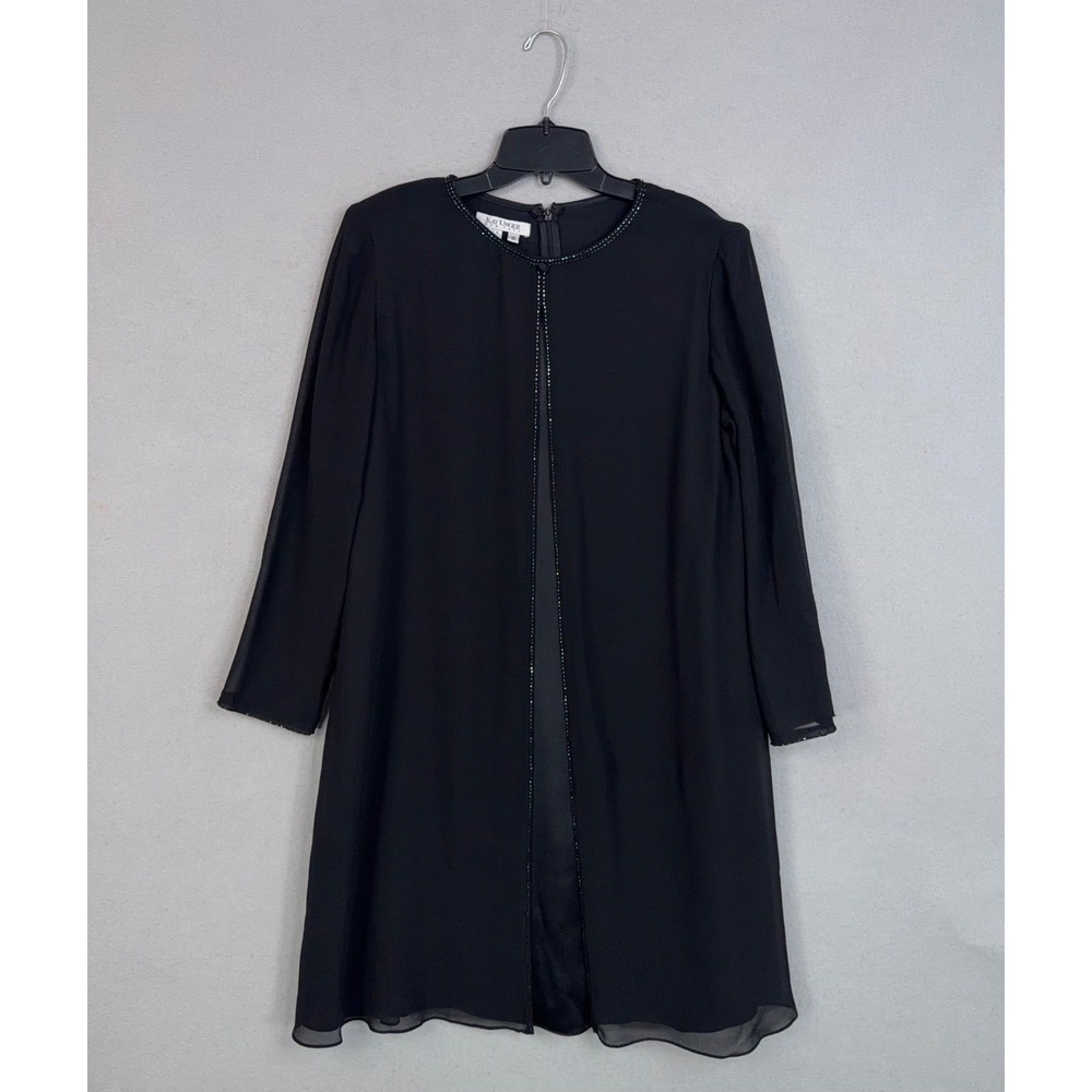 Kay Unger Shift Dress Womens 10 Black Beaded Silk Sheer Sleeve Scarf Formal